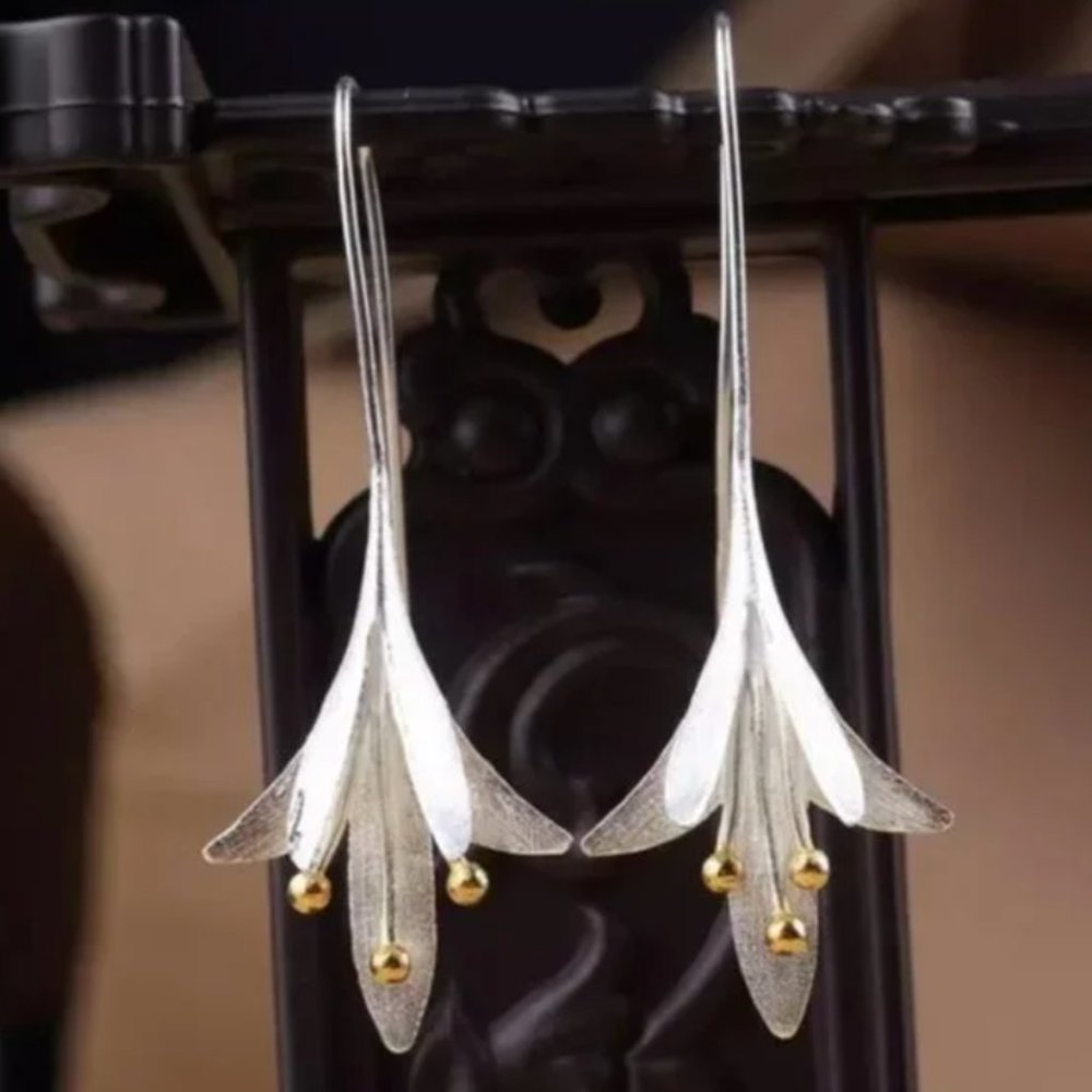 Beautiful Unique Silver Hanging Japanese Flower Earrings with Gold Accents - Picture 3 of 6